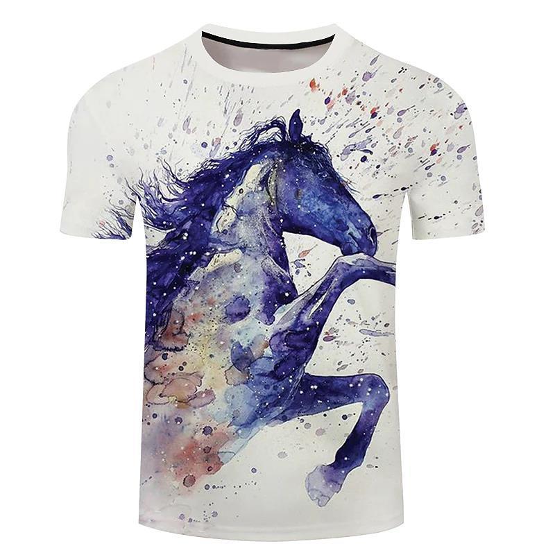 Men's 3d Horse Printed T-shirt Riding Crew Neck Short Sleeve Streetwear Hip Hop Trend