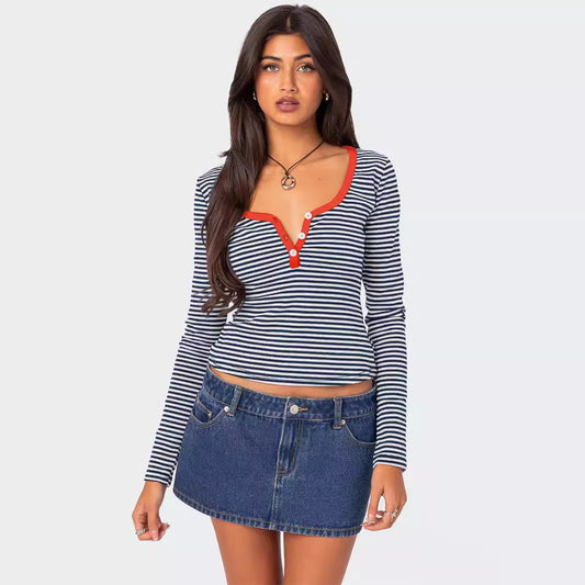 Contrast Color Striped Sweater Women's Button Slim T-shirt