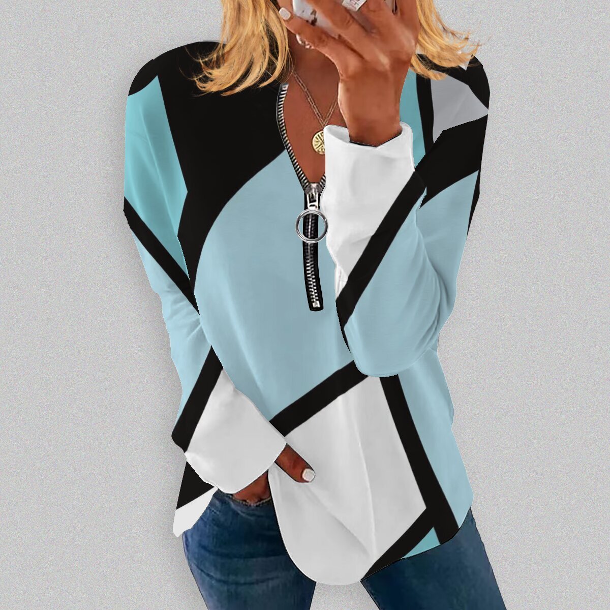 RETRO Geometric Printed Round Neck Long-sleeve T-shirt Long-sleeve Zipper