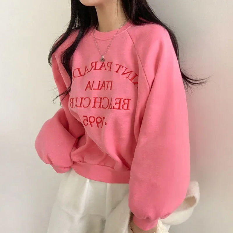 Light Letters Embroidery Velvet Thick Round Neck Sweater For Women