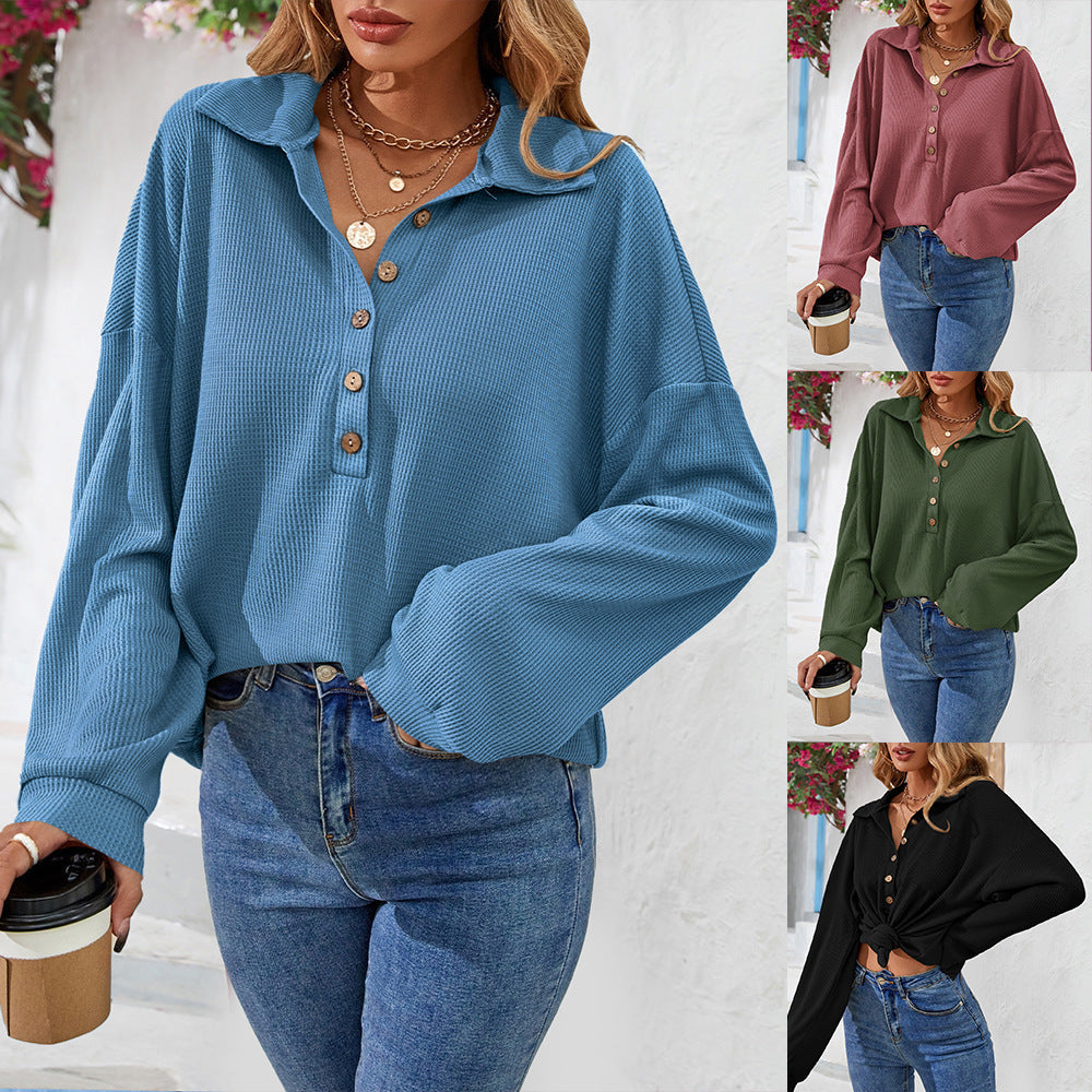 Fashion Lapel Button Sweatshirt Casual Loose Solid Color Long Sleeve Pullover T-shirt Top Womens Clothing