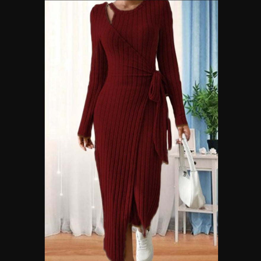 Women's Striped Fashion Round Neck Long Sleeve Narrow Bow Dress