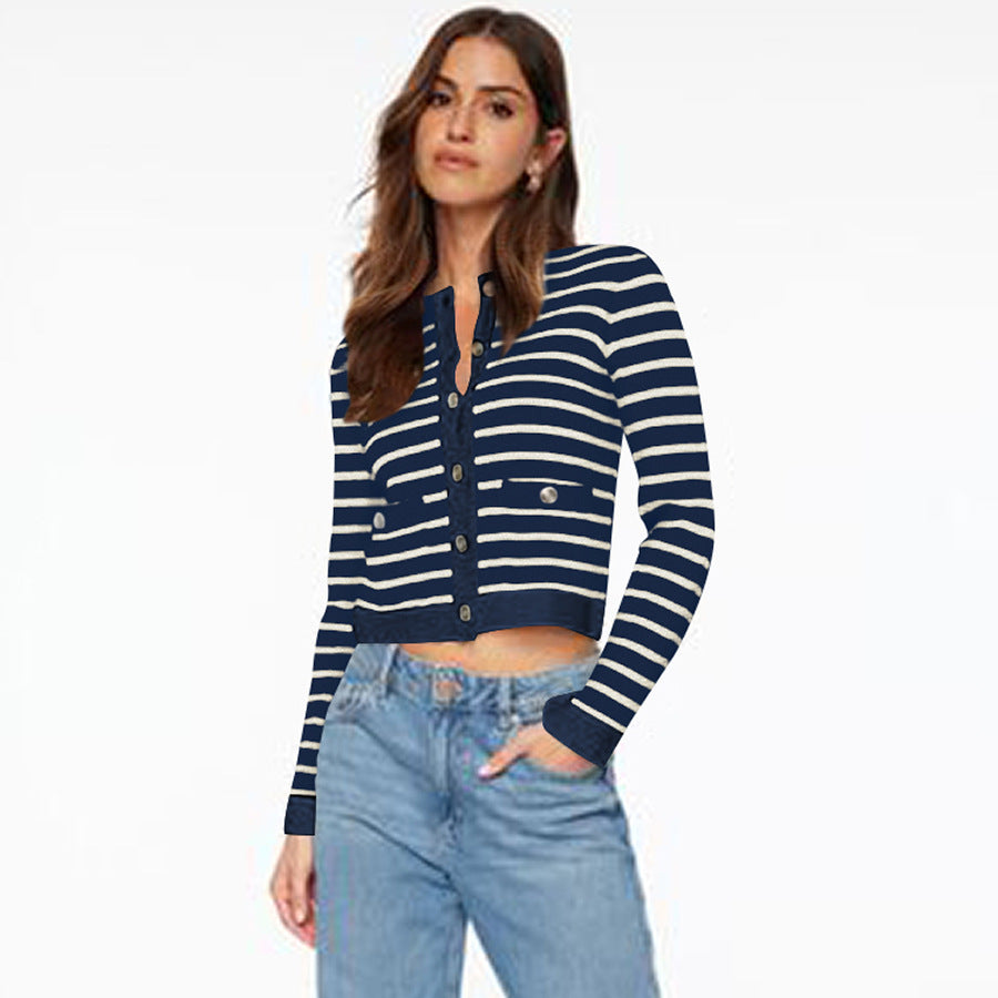 Comfort And Casual Long Sleeve Striped Button Top