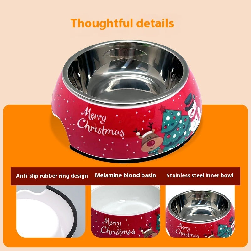 Christmas Dog Pet Bowl Stainless Steel Double Layer Cat Bowl