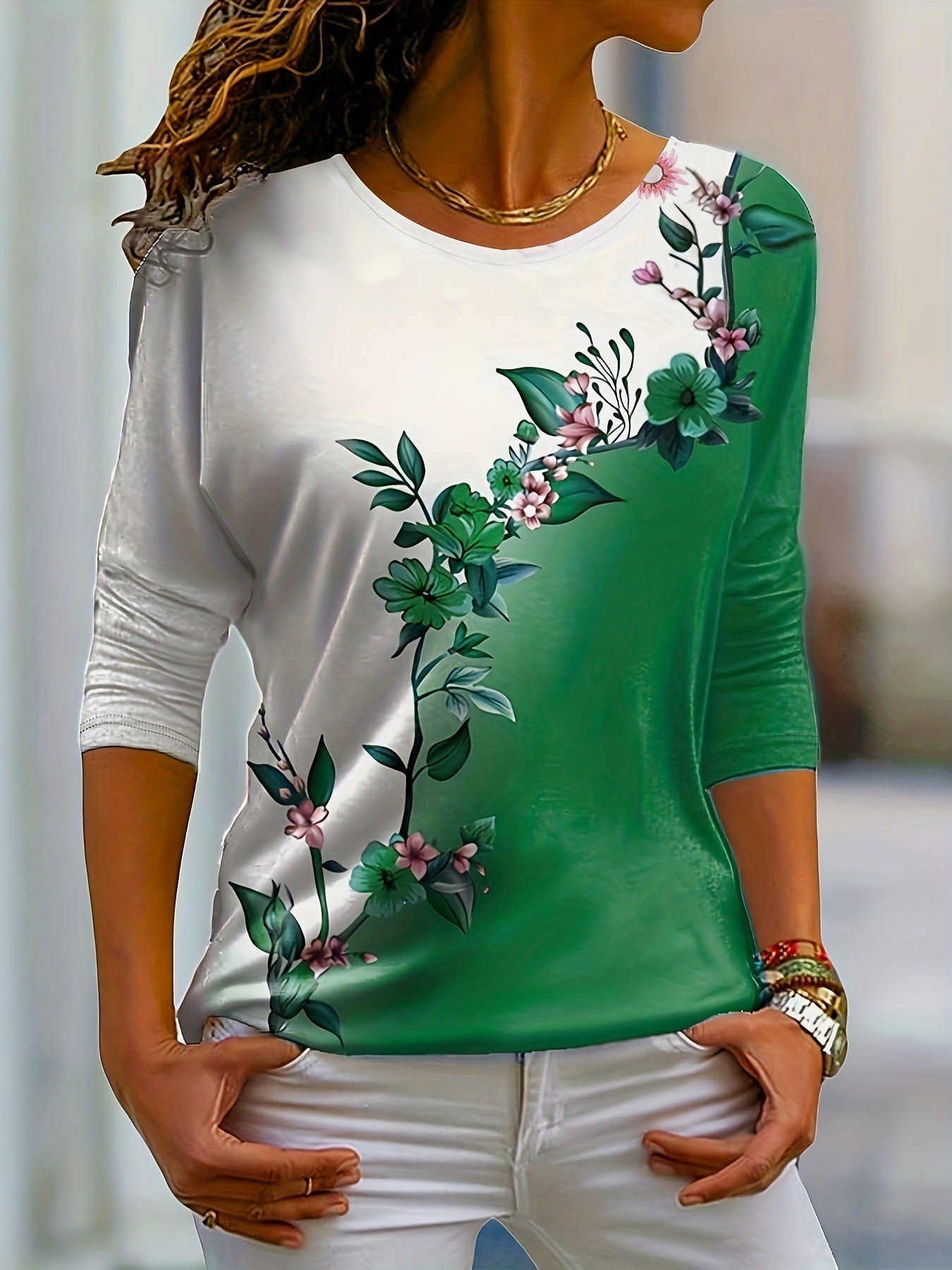 Floral Multicolor Printing Round Neck Casual Long Sleeve