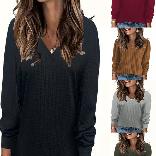 V-neck Loose Sunken Stripe Long-sleeved T-shirt Top