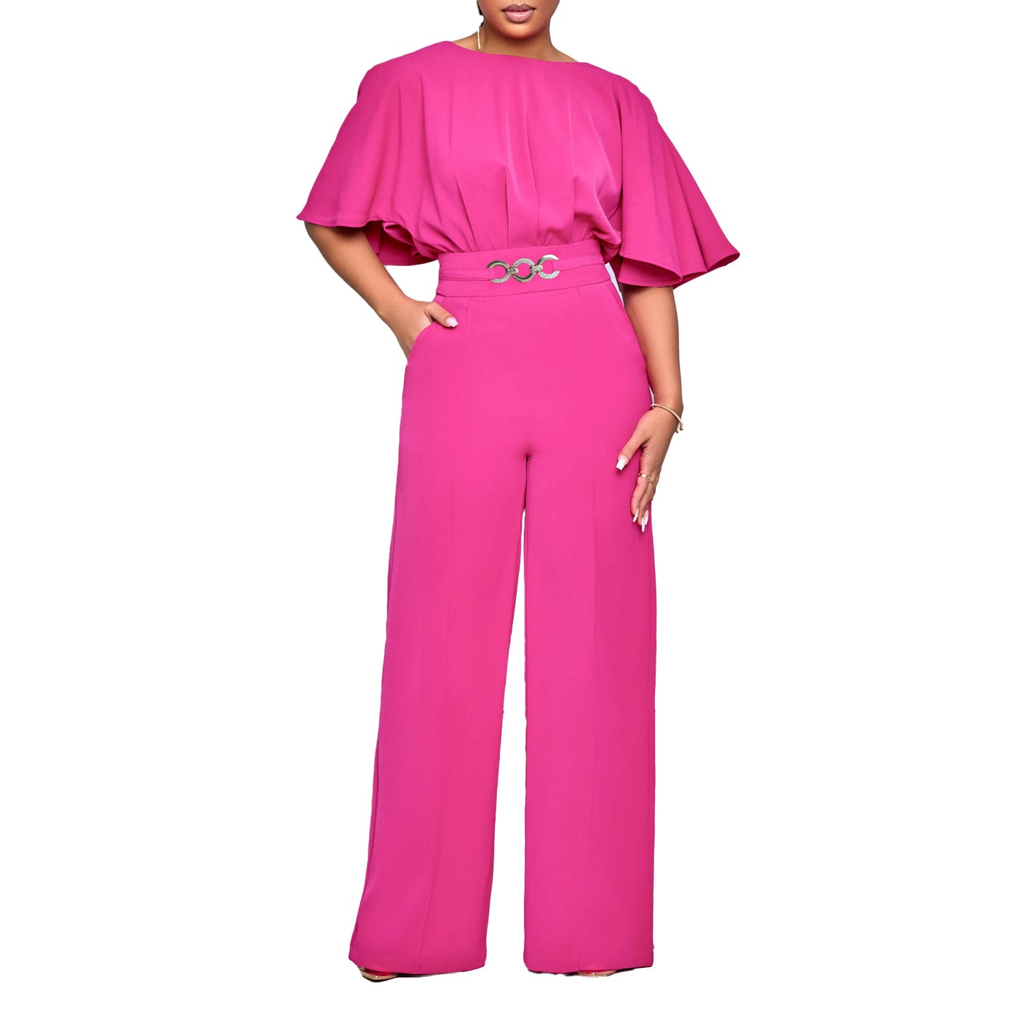 Fashion Round Neck Solid Color High Waist Plus Size African Wide Leg Jumpsuit