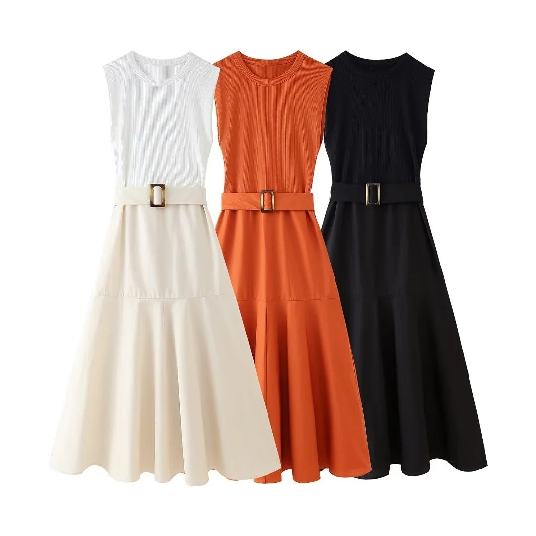 Fashion Women's Wear With Belt Stitching Dress