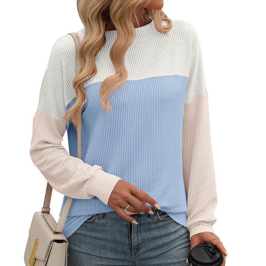 Round Neck Twist Strip Color Matching Long Sleeve Loose T-shirt For Women