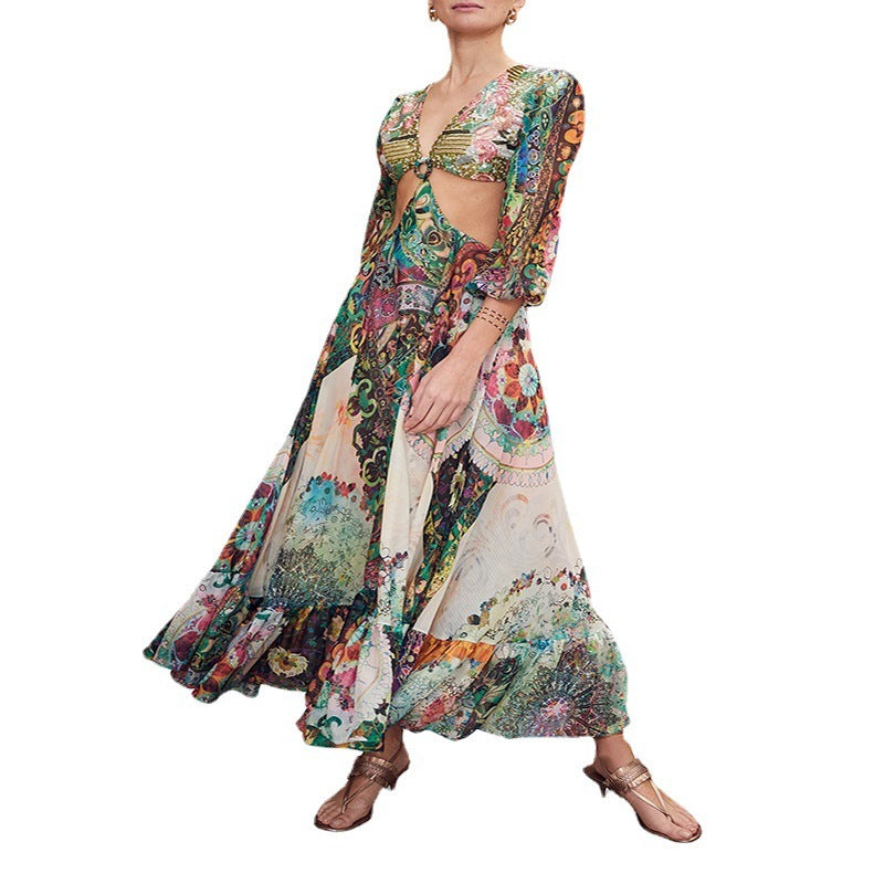 Fashion Long Skirt Female Printed Garden Buckle Printing