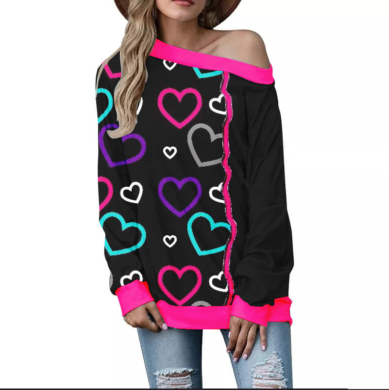 Women's Valentine's Day Pattern Printed Long Sleeve Loose Shoulder Sweater