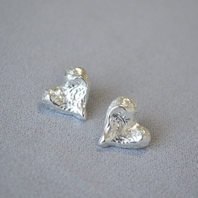 French Minority Vintage Crumpled Texture Sandstone Surface Irregular Heart Brass Gold Plated 925 Silver Pin Earrings