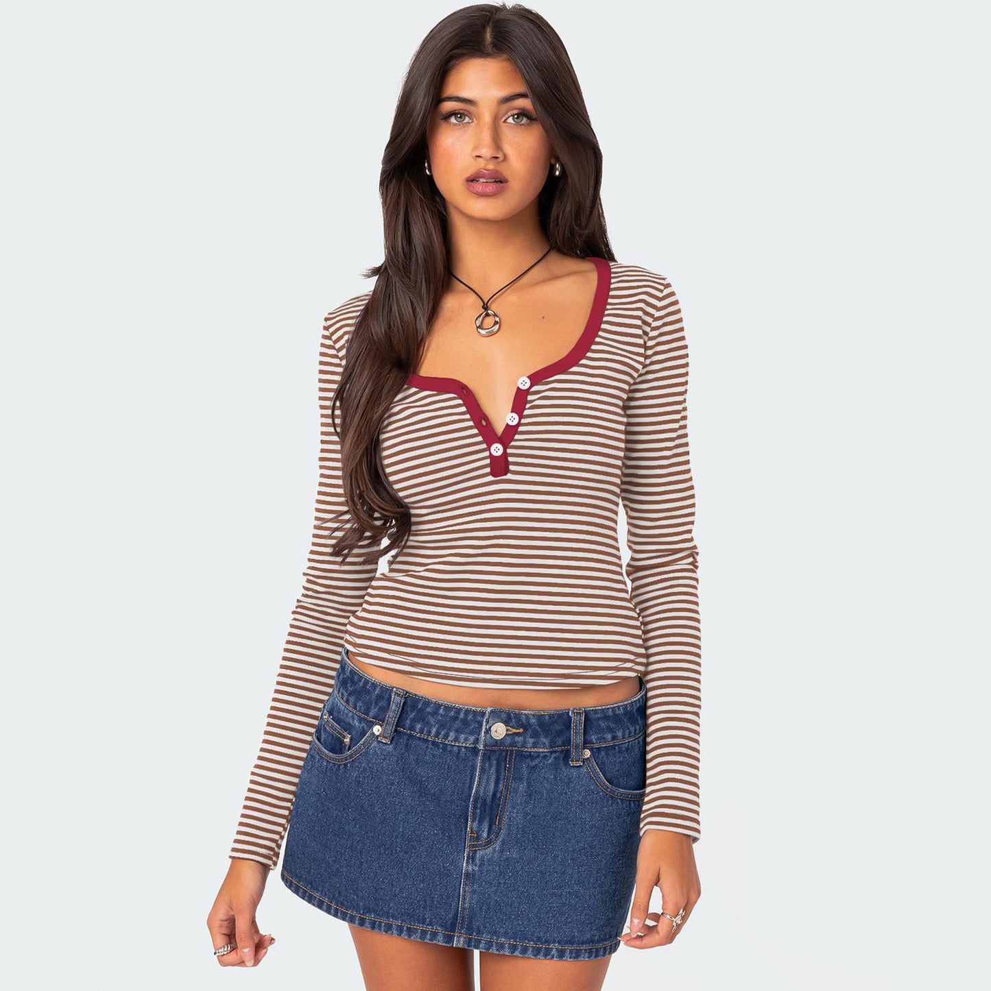 Contrast Color Striped Sweater Women's Button Slim T-shirt