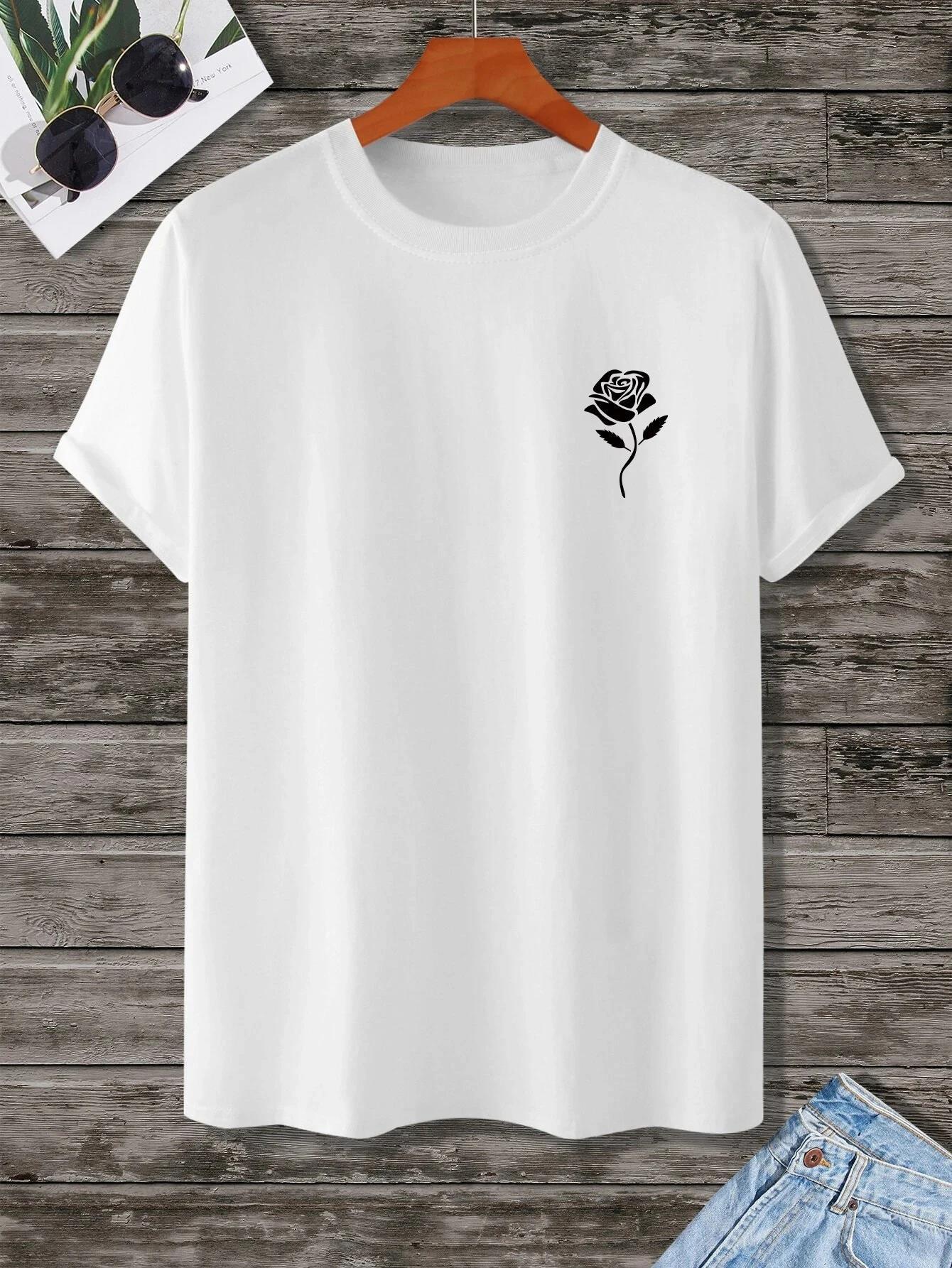 Rose Print T-shirt For Men's Casual Crew Neck Short-sleeve