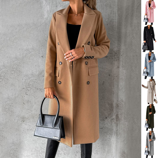 Long Sleeve Lapel Coat Winter Fashion Solid Double Breasted Slim Long Jacket Womens Clothing