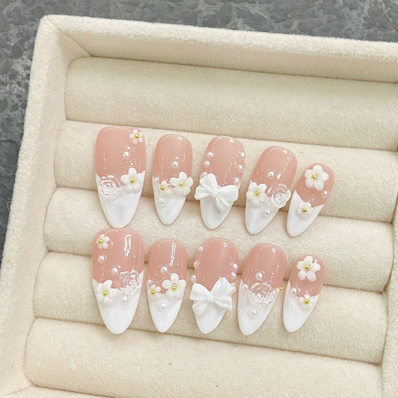 Handmade Real Shot Manicure Wear Nail Nude White Small Flower Finished Product