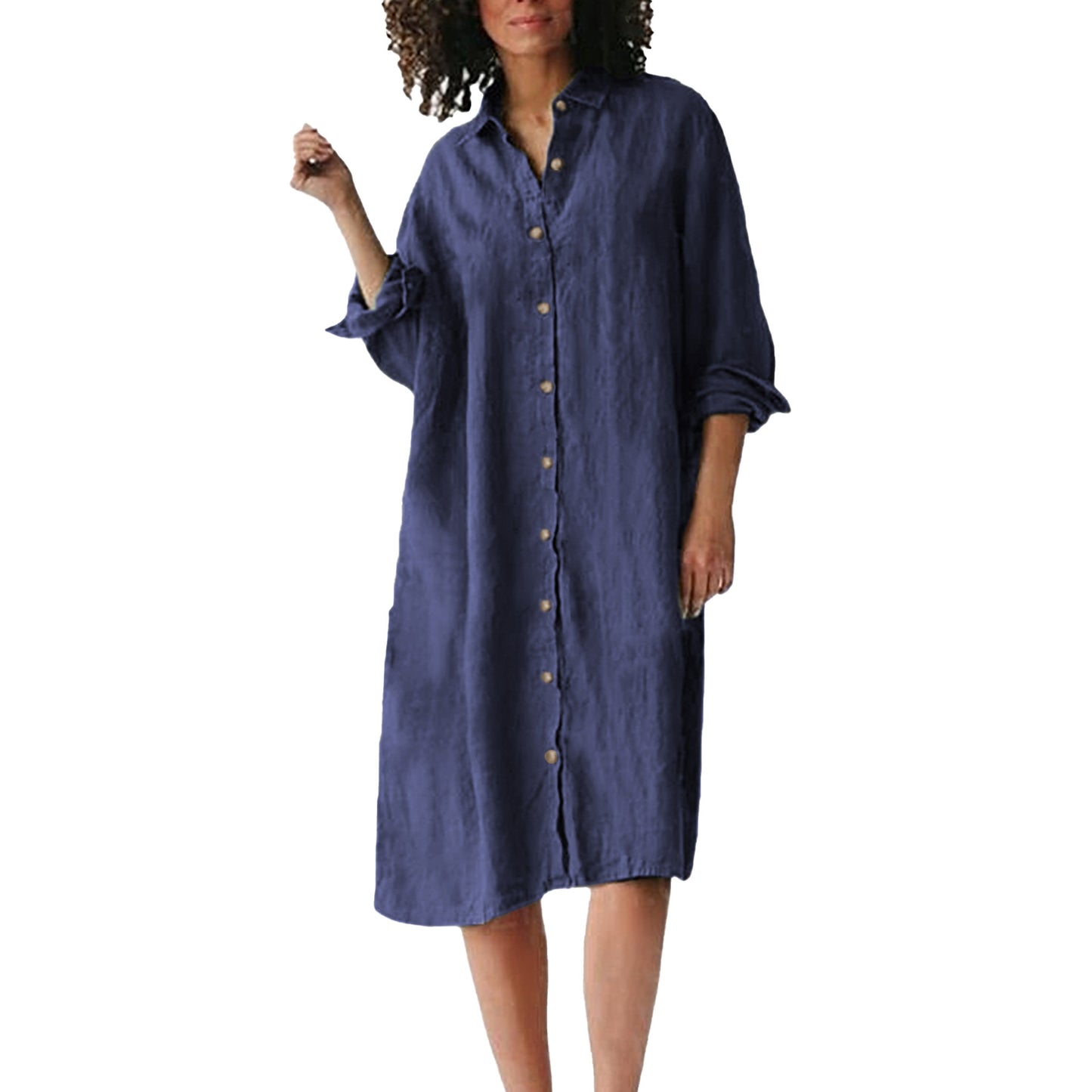 Long Sleeve Lapel Button Shirt Mid-length Dress