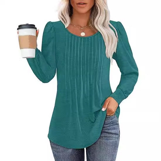 Women's Bubble Sleeve Waist Pleated Round Neck Long Sleeve T-shirt