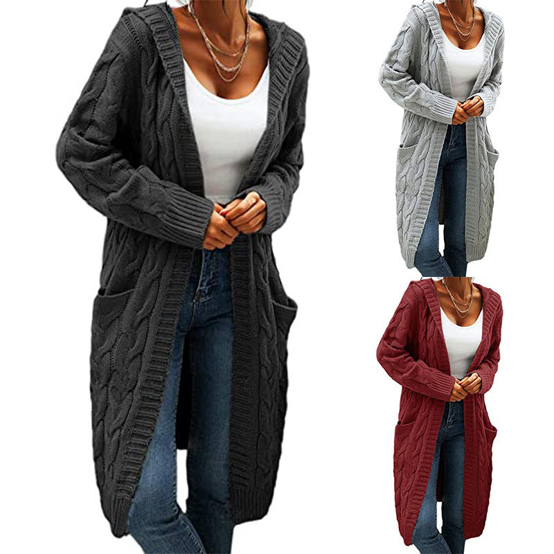 Women's Twisted Design Pocket Long Sleeve Sweater Solid Color Casual Coat