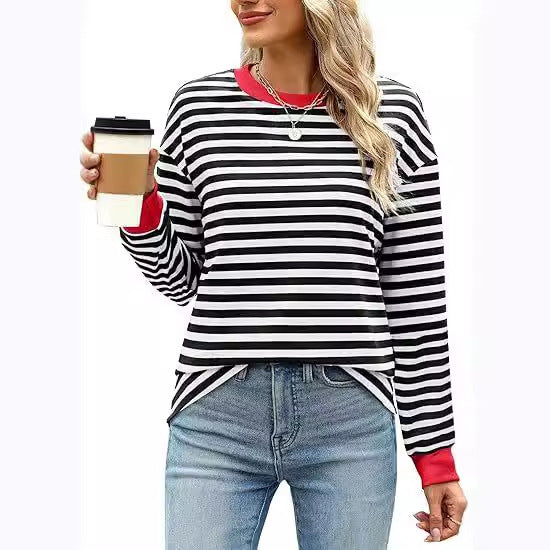 Women's Striped Pattern Round Neck Long-sleeved Sweater