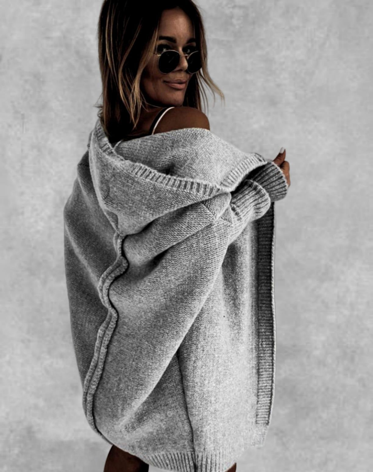 Fashion Bat Sleeve Hooded Cardigan Oversized Loose Temperament Solid Color Sweater Womens Clothing