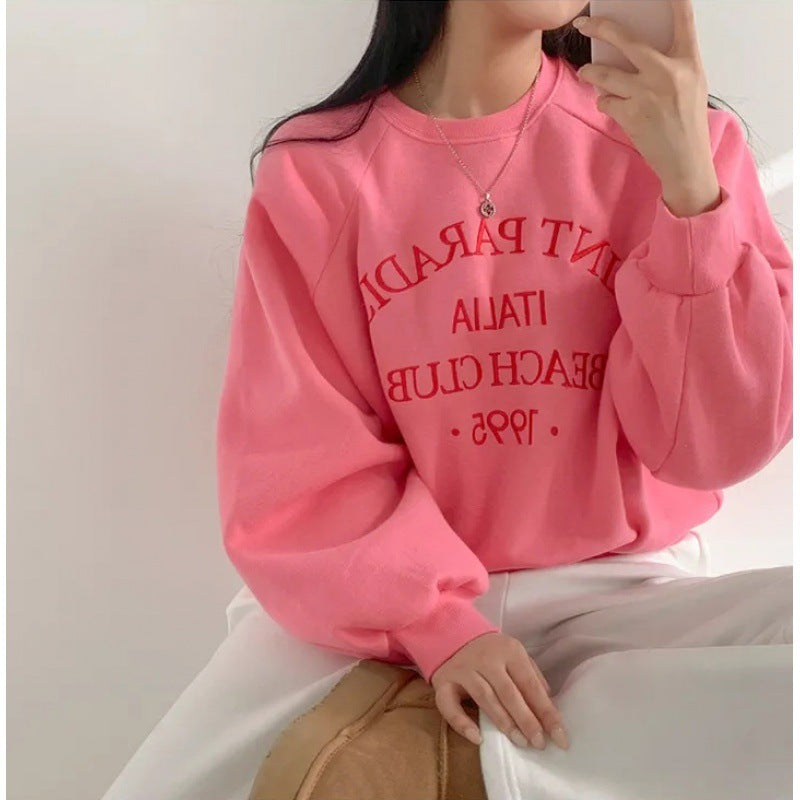 Light Letters Embroidery Velvet Thick Round Neck Sweater For Women