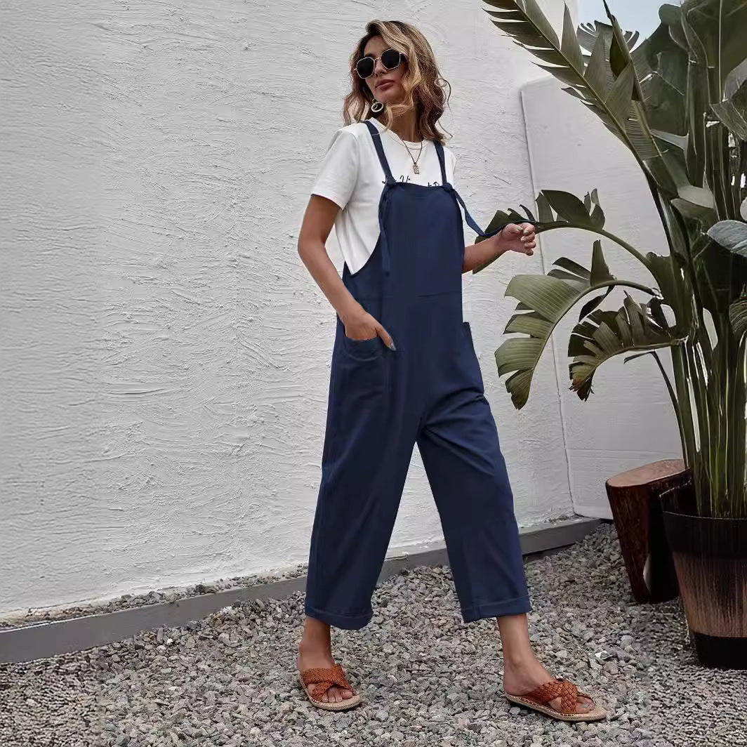 Fashion Solid Color Loose Pockets Wide Leg Jumpsuit