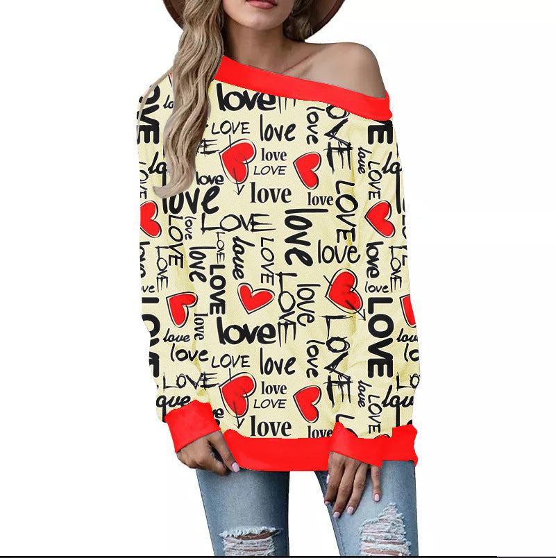 Women's Valentine's Day Pattern Printed Long Sleeve Loose Shoulder Sweater