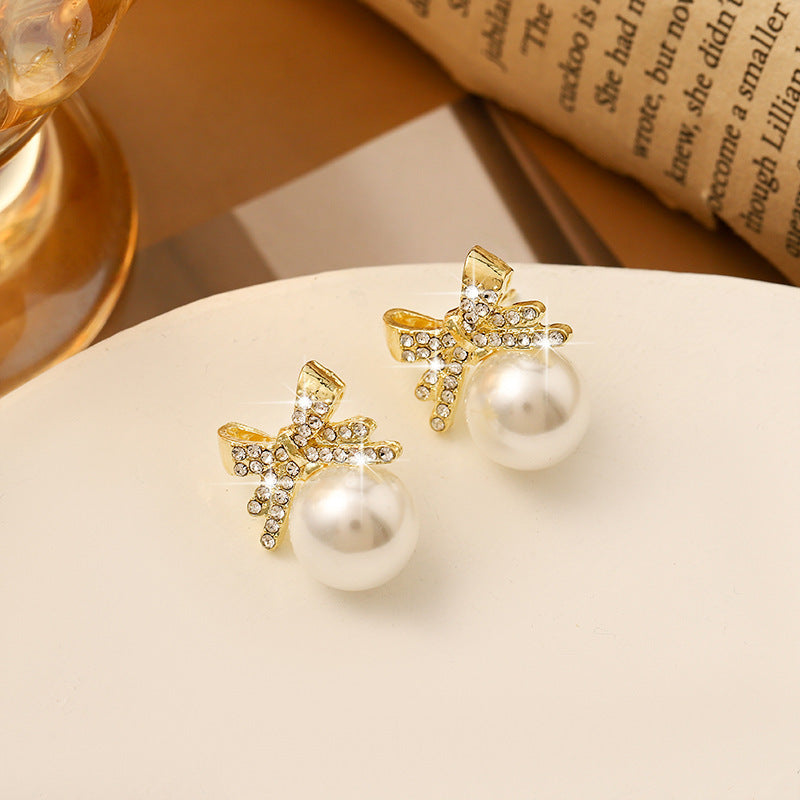 Rhinestone Pearl Ear Studs High Sense Sterling Silver Needle Ornament