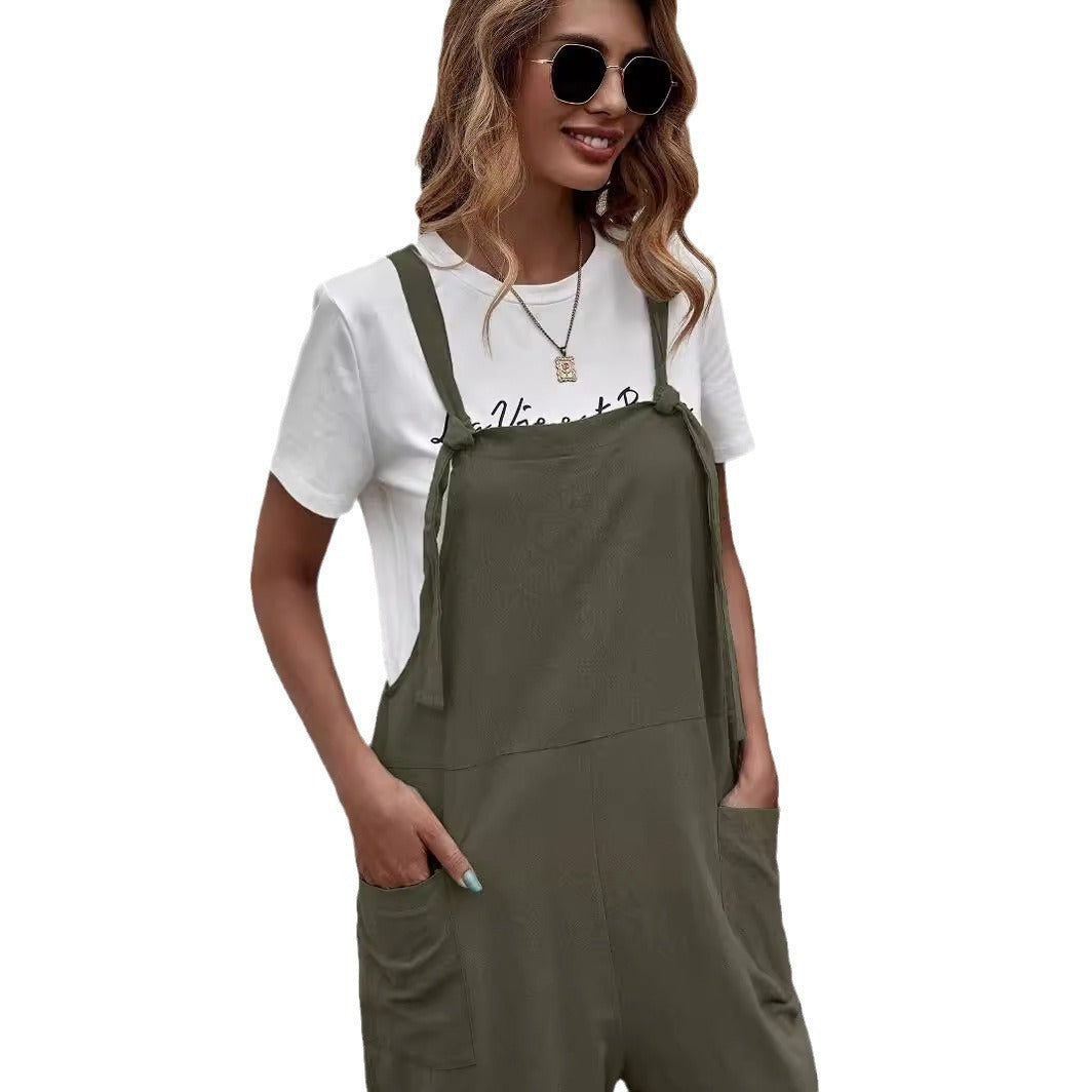 Fashion Solid Color Loose Pockets Wide Leg Jumpsuit