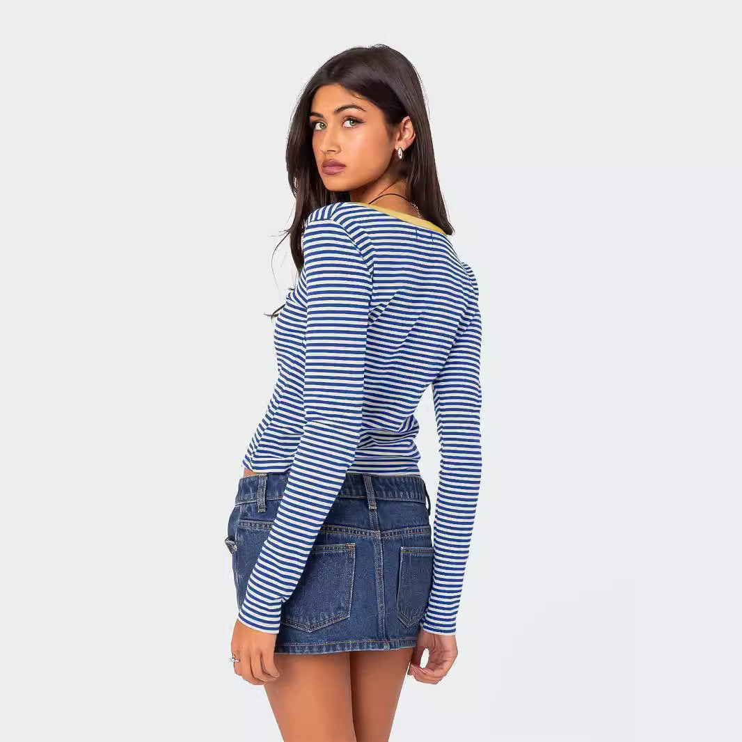 Contrast Color Striped Sweater Women's Button Slim T-shirt