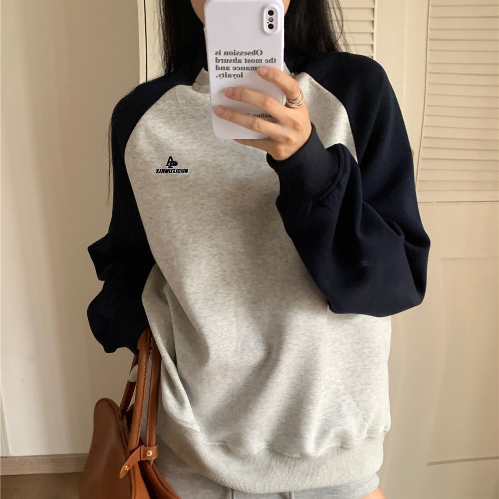 Letter Embroidery Contrast Color Loose Mid-length Long Sleeve Top