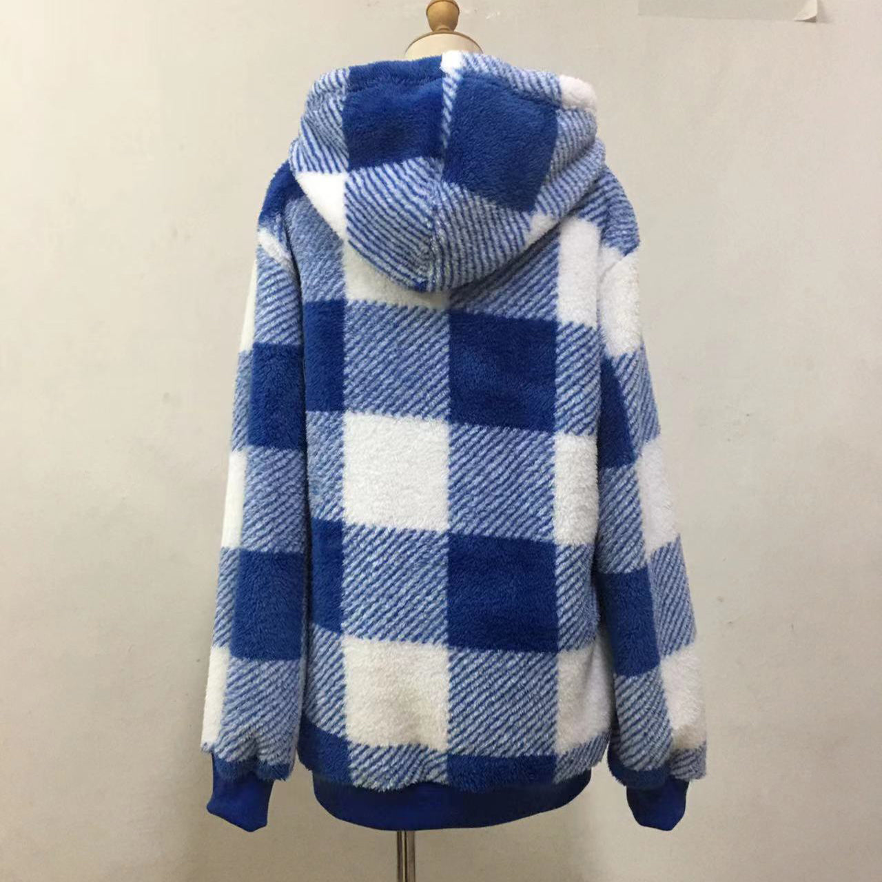 Fashion Plaid Hooded Sweatshirt With Pockets Casual Zipper Plush Tops For Womens Clothing