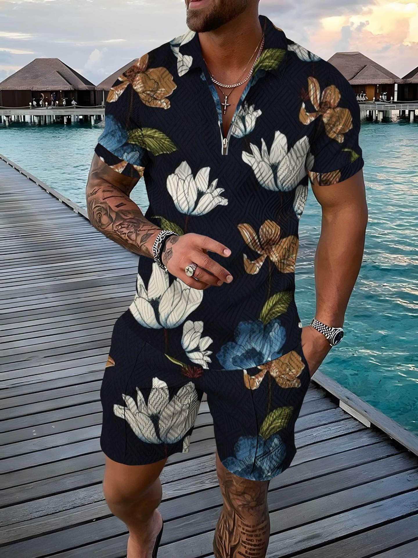 Zipper And Lapel Short Sleeve Shorts Suit