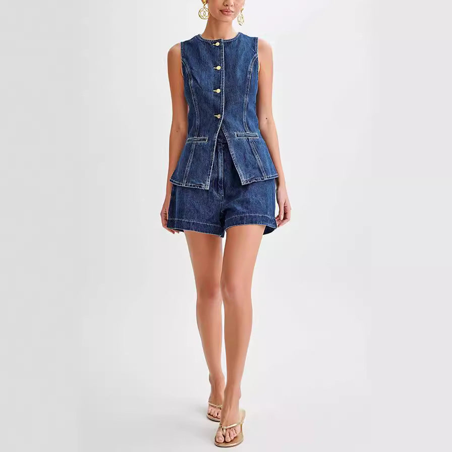 Denim Fashion Casual Sleeveless Women's Suit