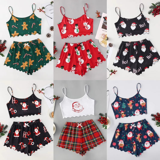 Christmas European And American Thin Pajamas Women's Sleeveless Shorts Milk Silk Simple Casual Two-piece Suit Homewear