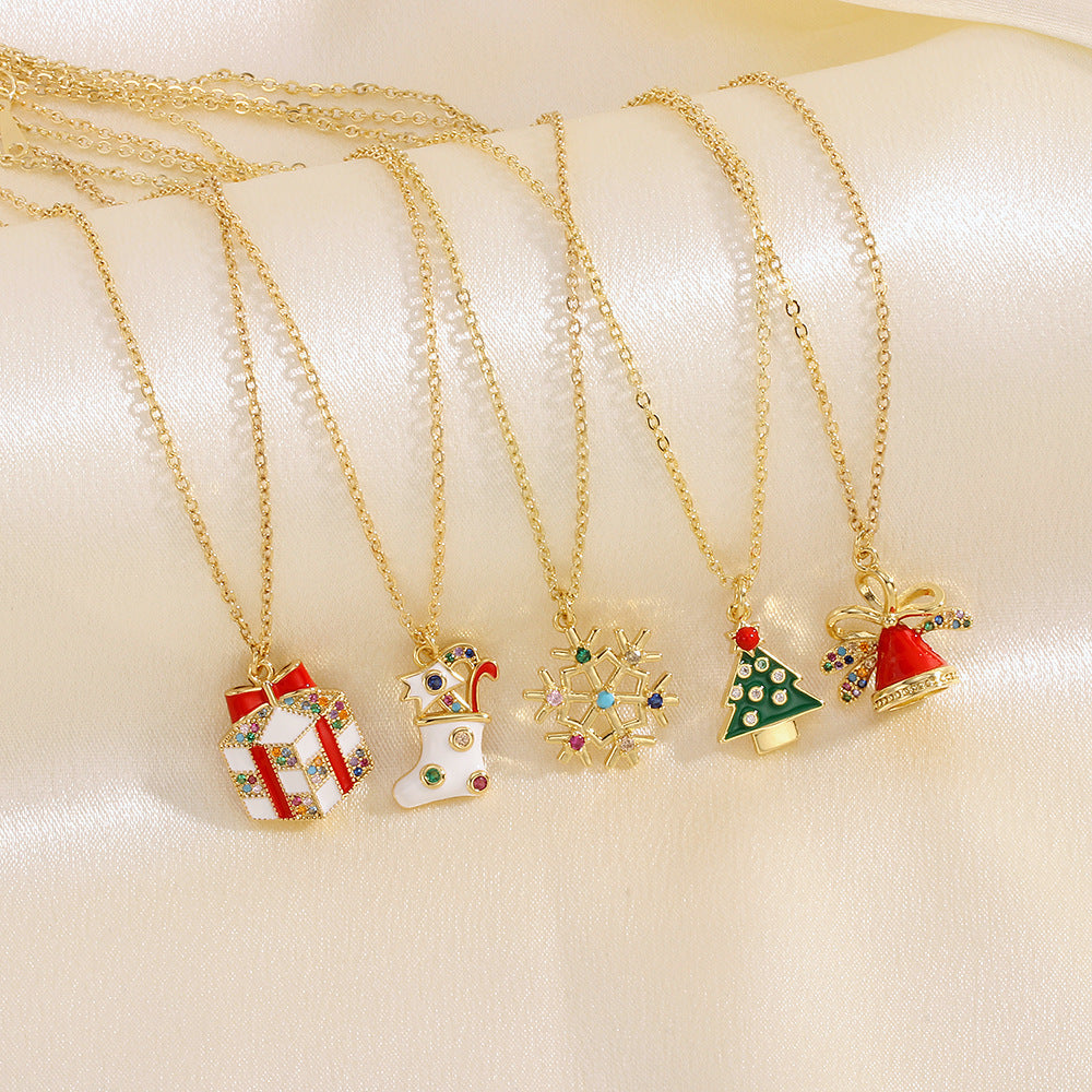 Christmas Tree Santa Claus Elk Snowman Oil-drop Necklace With Colored Rhinestones Ins Festival Clavicle Chain Necklace For Women Jewelry