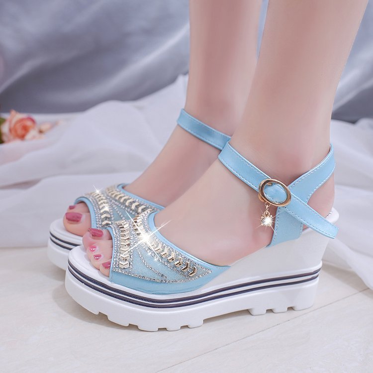 Summer New Solid Color Women's Sandals Wedge Rhinestone Waterproof