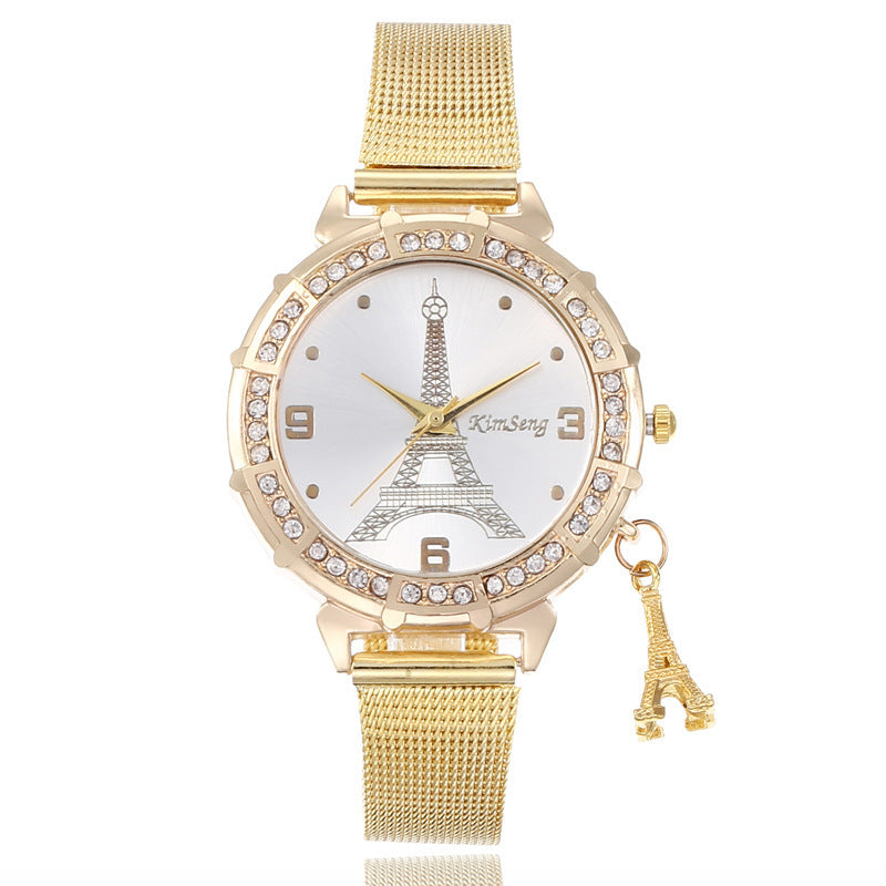 Simple Ladies Fashion Diamond-encrusted Steel Band Casual Gold Watch