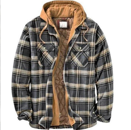 Men's Cotton-padded Clothes Plaid Striped Loose-fitting Hoodie Long Sleeve Coat