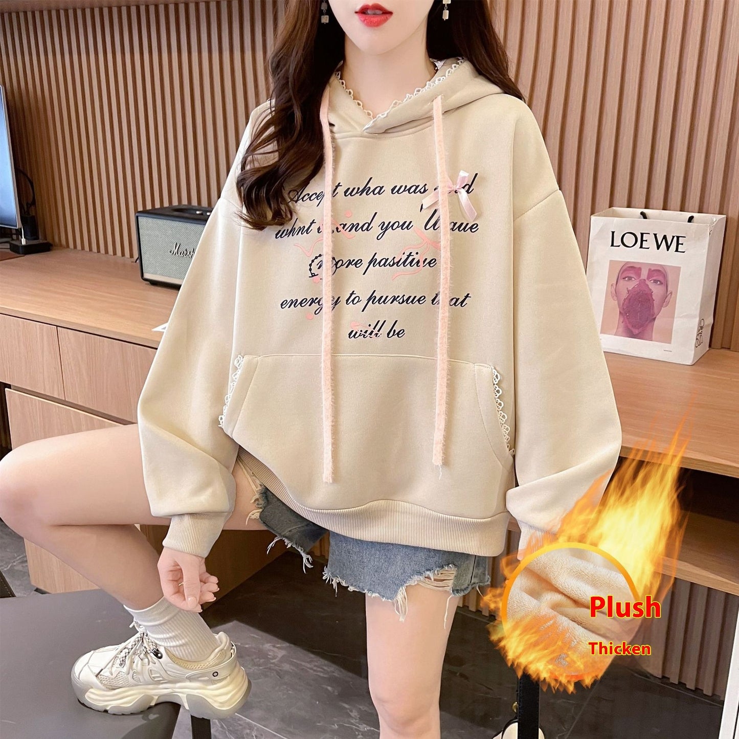 Hooded Design Letter Long Sleeve Sweater For Women