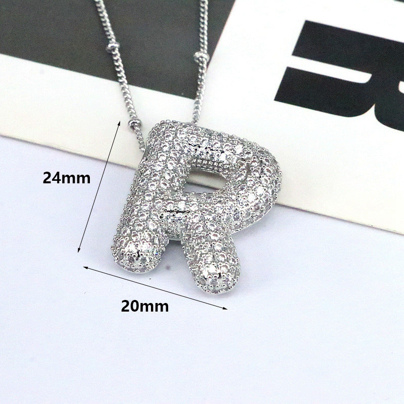 Brass Zircon Bubble Balloon Letter Pendant Necklace For Women