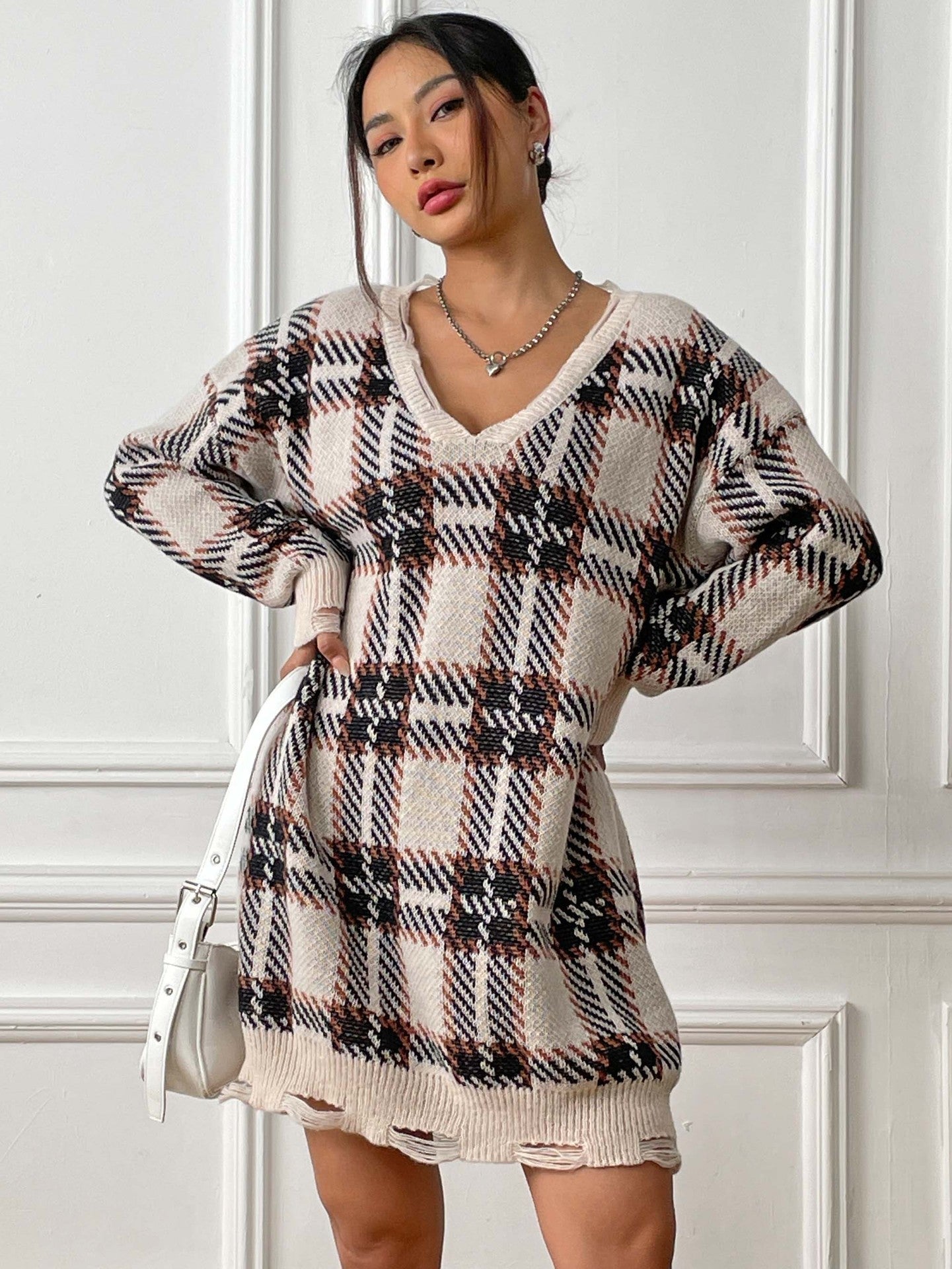 Fashion V-neck Plaid Dress Casual Loose Long-sleeved Dresses Autumn And Winter Women's Clothing