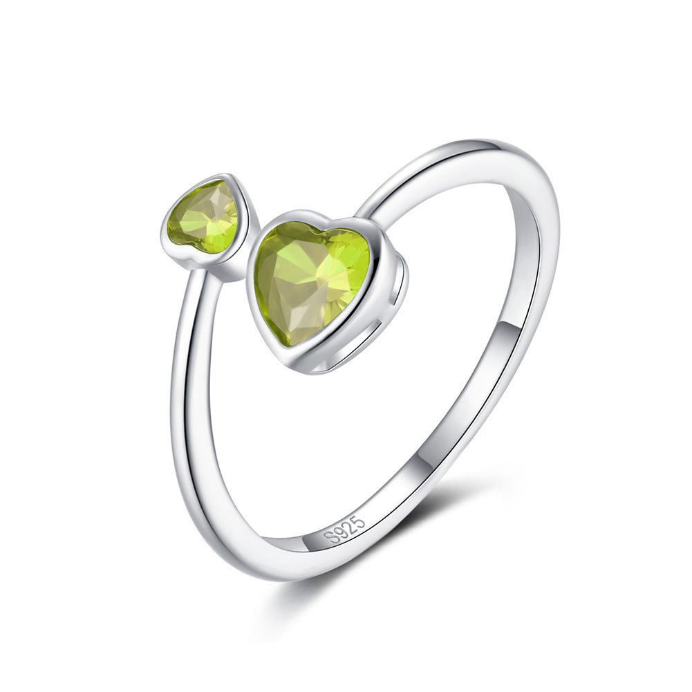 S925 Sterling Silver Ring Double-headed Cute Loving Heart Zircon Twelve-color Adjustable