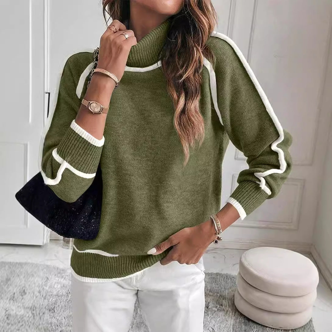 Autumn And Winter Solid Color Color Matching High-necked Casual Women's Clothing Fashion Knit Top Outerwear