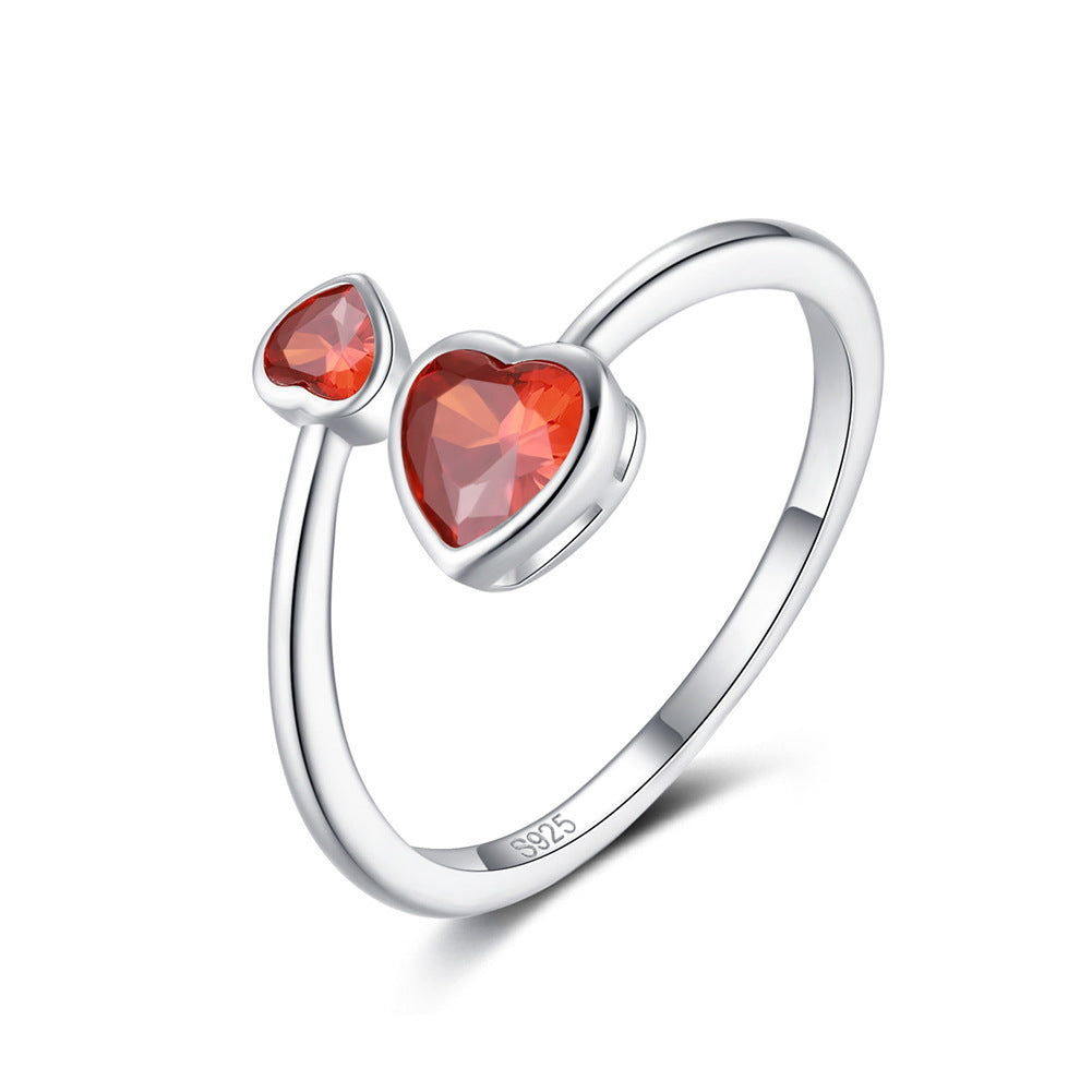 S925 Sterling Silver Ring Double-headed Cute Loving Heart Zircon Twelve-color Adjustable