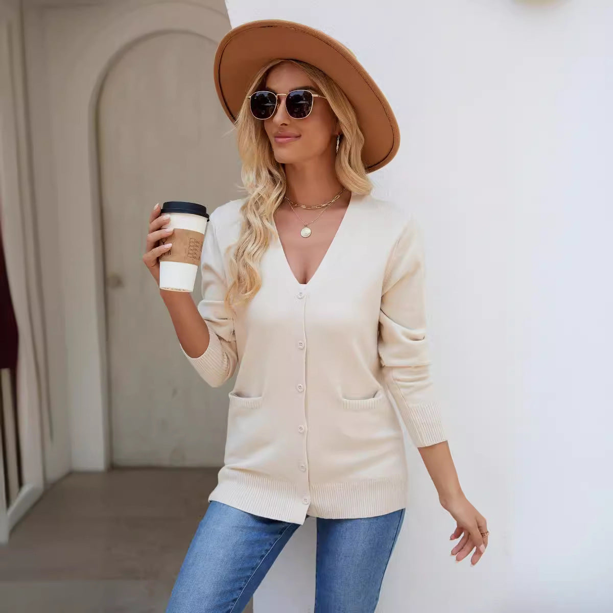 Knitted Cardigan Sweater Women V-neck Long Sleeve Single Breasted