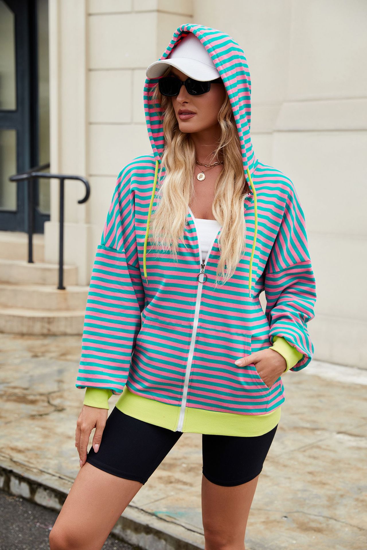 Striped Zipper Hooded Sweatshirt Fashion Loose Pockets Long-sleeved Jacket For Women Tops