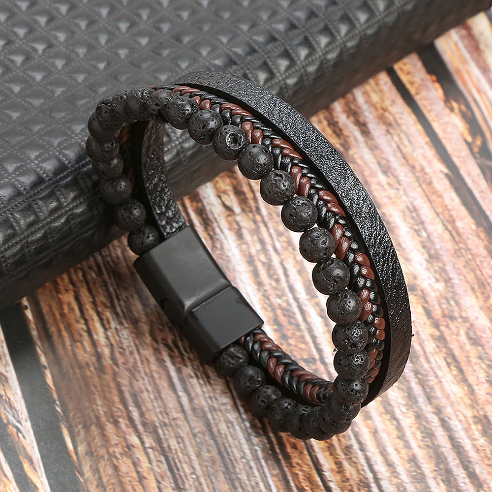 Men's Leather Natural Stone Volcanic Rock Red Tiger Titanium Steel Woven Leather Bracelet