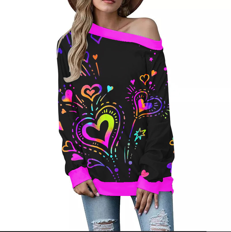 Women's Valentine's Day Pattern Printed Long Sleeve Loose Shoulder Sweater